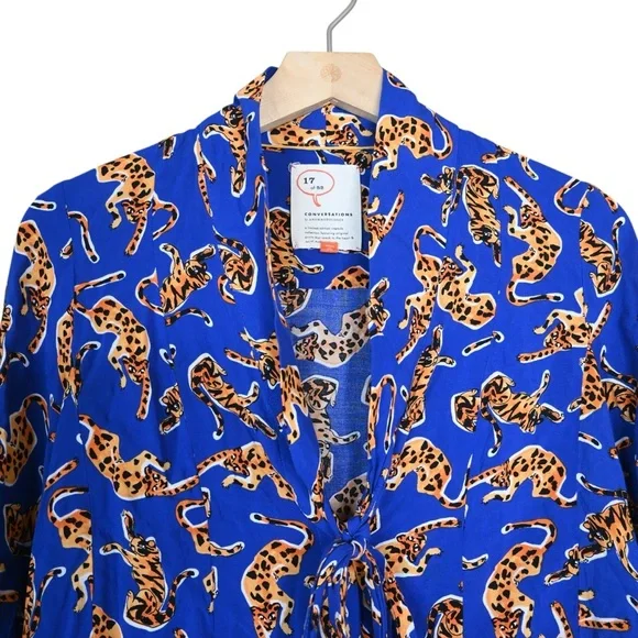 Anthropologie 17 of 52 Conversations Women's 4 Blue Big Cat Tie Neck Blouse - Picture 4 of 9